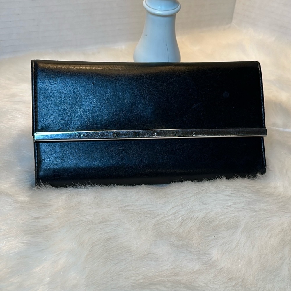 Guess black and silver snap wallet large trifold